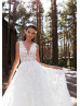 V Neck Beaded White Floral Lace Wedding Dress